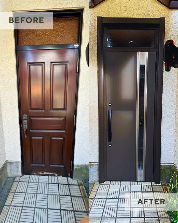 玄関ドア腐食を解消|壁を壊さず1日で明るくなるカバー工法リフォーム【東大阪】