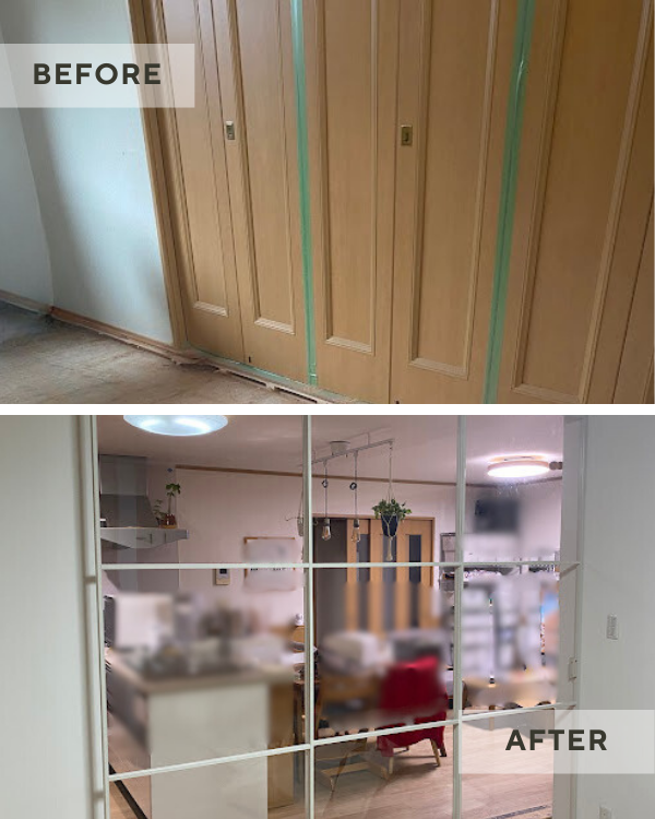 圧迫感のあったドアを撤去し、広がりを感じる空間へ｜可動間仕切り設置工事（東大阪市）