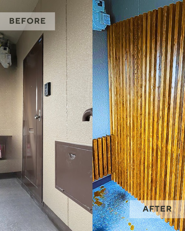 必要なくなったドアを格子で美しく隠した玄関リフォーム事例